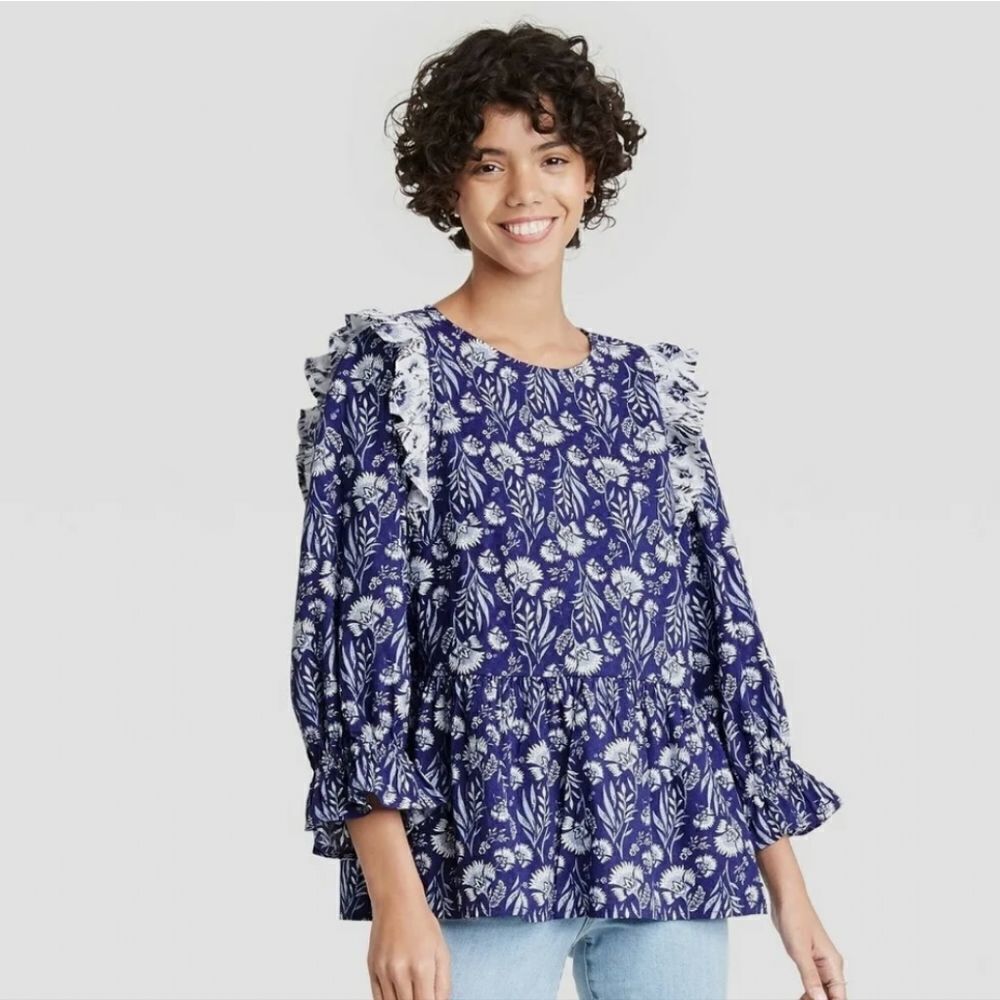 Floral Print Puff 3/4 Sleeve Embroidered Ruffle Top Universal Thre